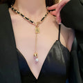 Minimalist Faux Leather Letter Square Plate Tassel Pearl Clavicle Necklace view 3