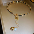 Minimalist Faux Leather Letter Square Plate Tassel Pearl Clavicle Necklace view 4