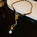 Minimalist Faux Leather Letter Square Plate Tassel Pearl Clavicle Necklace view 2