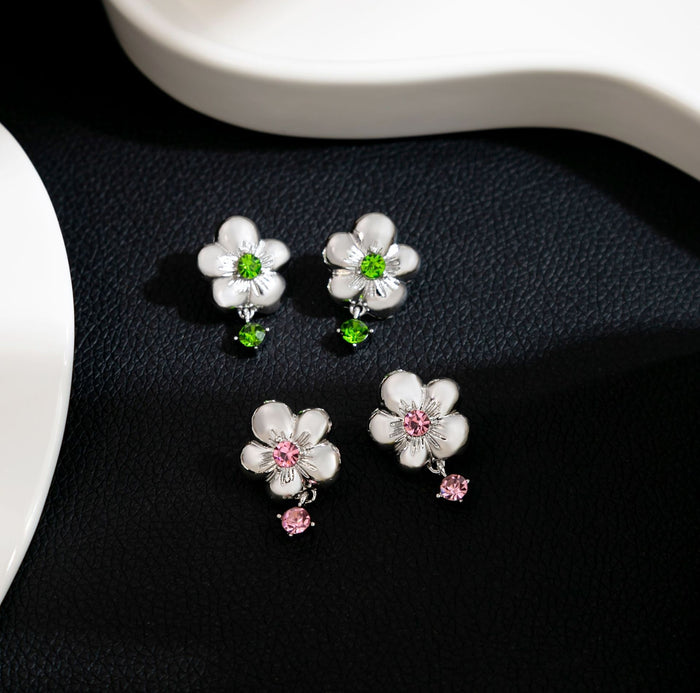 Elegant French White Enamel Daisy Flower Studs With Zircon Crystal Drop Sterling Silver Needle Earrings