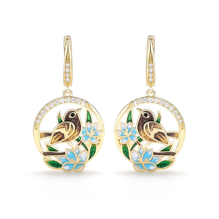 Pastoral Bird And Flower Resin Earrings Handmade Enamel Drop Earrings Fashion Jewelry