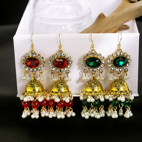 Vintage Ethnic Bell Drop Rhinestone Crystal Pearl Tassel Gold Alloy Flower Stud Earrings