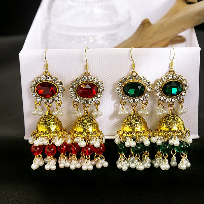Vintage Ethnic Bell Drop Rhinestone Crystal Pearl Tassel Gold Alloy Flower Stud Earrings