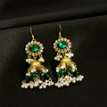 Vintage Ethnic Bell Drop Rhinestone Crystal Pearl Tassel Gold Alloy Flower Stud Earrings view 3