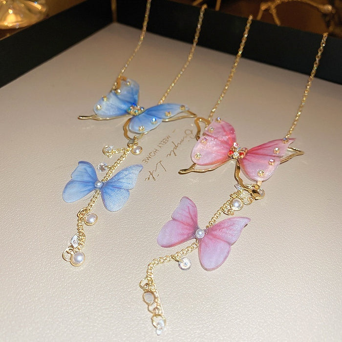 Alloy Rhinestone Pearl Tulle Butterfly Tassel Choker Necklace Forest Style