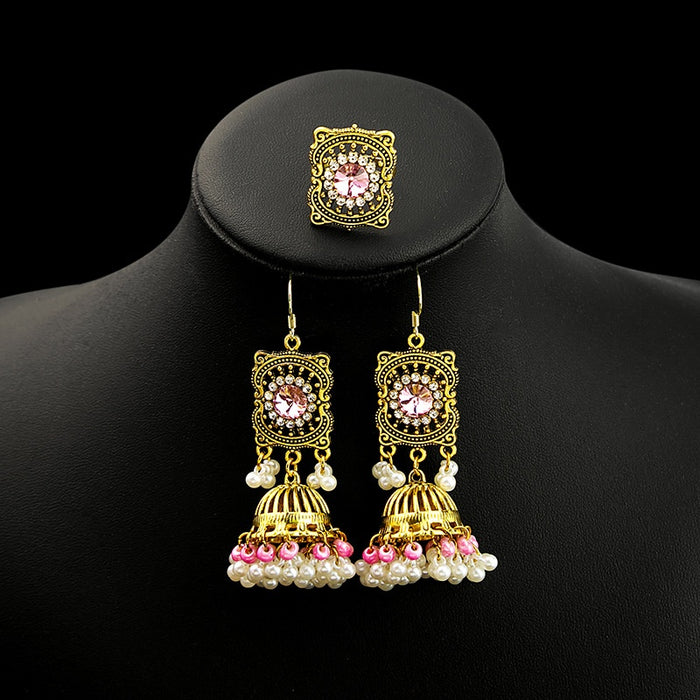 Vintage Bohemian Alloy Rhinestone Square Stud Pearl Tassel Bell Jhumka Luxury Dangle Earrings