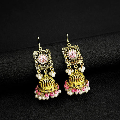 Vintage Bohemian Alloy Rhinestone Square Stud Pearl Tassel Bell Jhumka Luxury Dangle Earrings