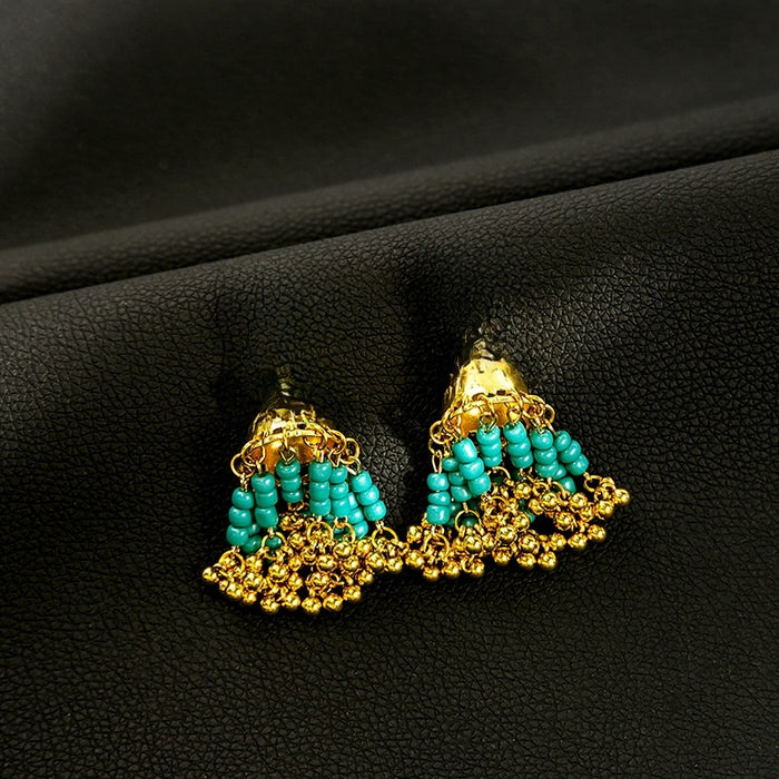 Bohemian Ethnic Gold Alloy Teardrop Crystal Bell Tassel Turquoise Beaded Jhumka Stud Earrings