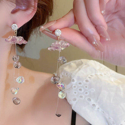 Korean Style Crystal Rhinestone Flower Tassel Drop Earrings Sweet Floral Jewelry