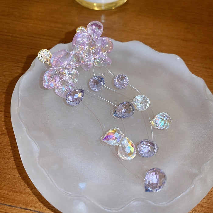 Korean Style Crystal Rhinestone Flower Tassel Drop Earrings Sweet Floral Jewelry