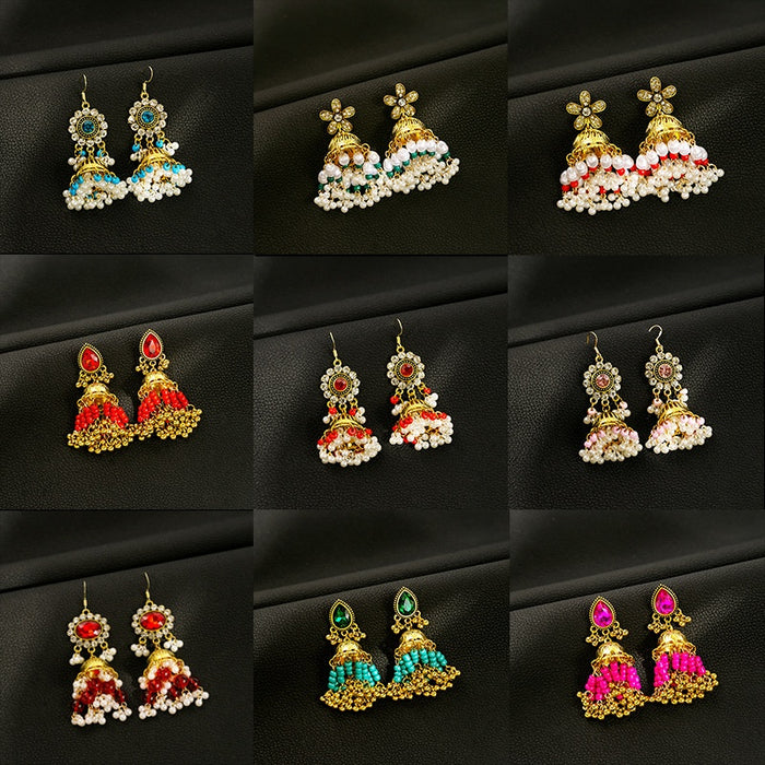 Silver Needle Bohemian Stud Earrings With Rhinestone Tassel Pearl Bell Shape Vintage Ethnic Style