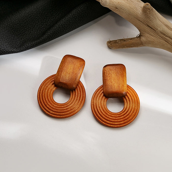 Bohemian Geometric Round Wooden Drop Earrings Vintage Oversized Threaded Circle Stud Earrings