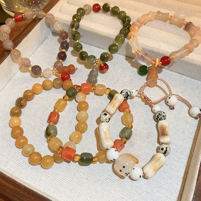 Korean Minimalist Ceramic Dog Charm Adjustable Beaded Bangle With Bodhi Seed Style