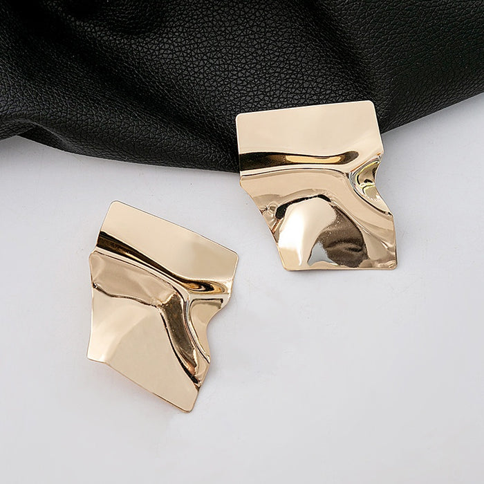 Elegant Gold Alloy Irregular Square Studs With Concave Convex Geometric Metal Texture Earrings