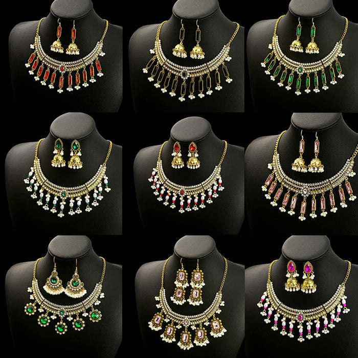 Vintage Bohemian Collarbone Necklace And Drop Earrings Set, Exaggerated Ethnic Exotic Jewelry