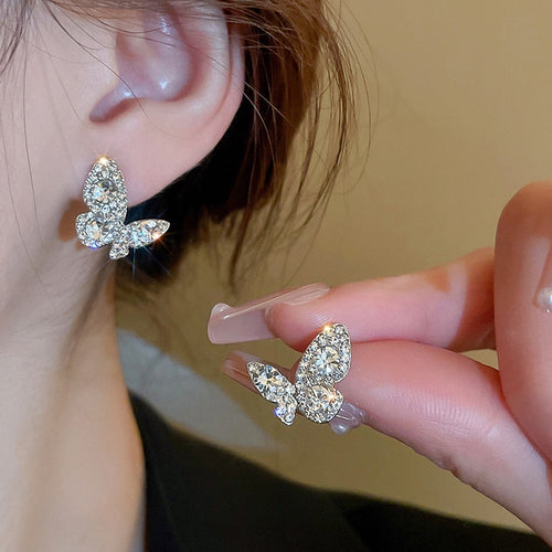 Light Luxury Alloy Rhinestone Butterfly Drop Earrings With Silver Pins For Women