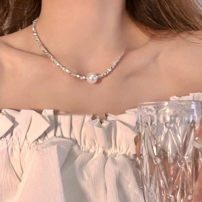 Korean Light Luxury Alloy Pearl Necklace Geometric Square Silver Tone Clavicle Choker For Women