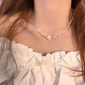 Korean Light Luxury Alloy Pearl Necklace Geometric Square Silver Tone Clavicle Choker For Women view 3