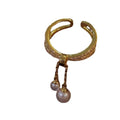 Gold Plated Copper Zircon Interlaced Double Layer Open Ring With Pearl Tassel Geometric Statement Design view 5
