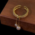 Gold Plated Copper Zircon Interlaced Double Layer Open Ring With Pearl Tassel Geometric Statement Design view 4