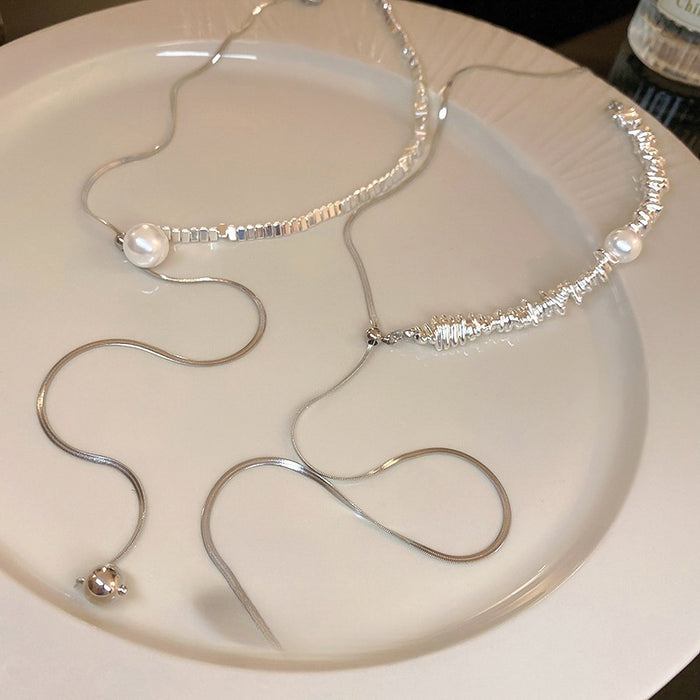 Premium Minimalist Alloy Pearl Triangle Silver Tassel Adjustable Clavicle Necklace