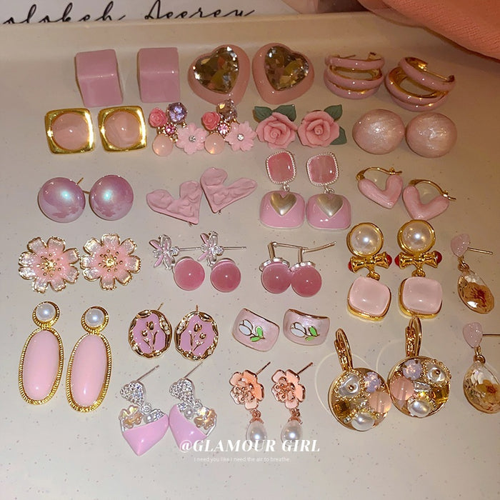 Korean Pink Cat Eye Stone Flower Stud Earrings With Silver Pins, Rhinestone Sweet Alloy Jewelry