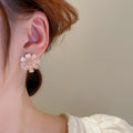 Korean Pink Cat Eye Stone Flower Stud Earrings With Silver Pins, Rhinestone Sweet Alloy Jewelry view 4