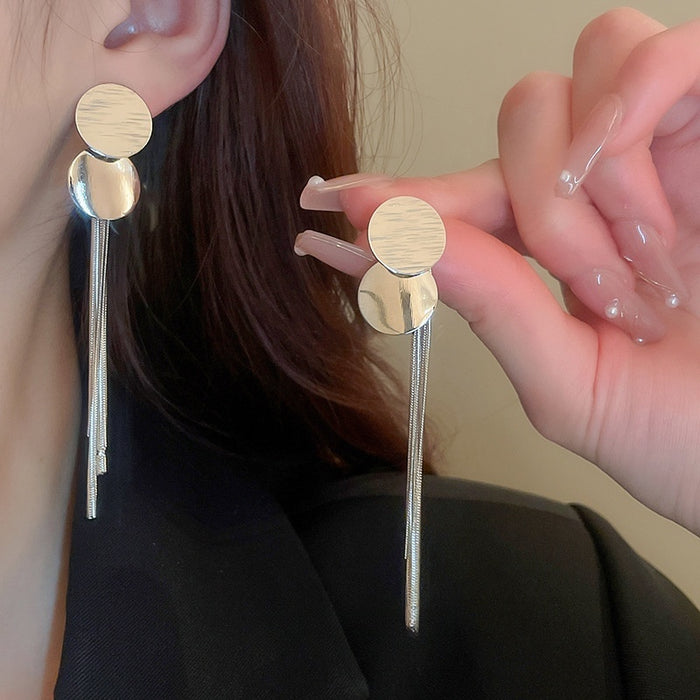 Chic Geometric Metal Tassel Drop Earrings With Silver Needle Sequin Two Way Design