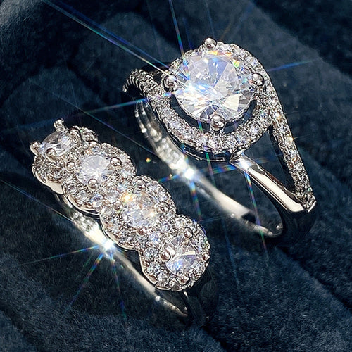 Simple Geometric Full Cubic Zirconia Women's Stack Ring Set, Engagement Banquet Jewelry