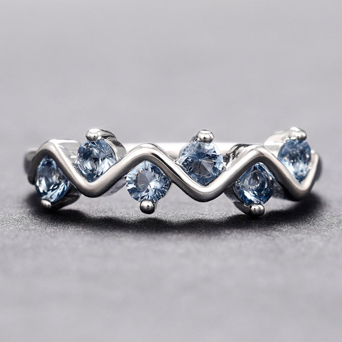 Trendy Wave Zircon Ring For Women Copper Inlaid Blue Zircon Niche Design Fashion Accessory