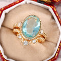 Gold Crown Ring Set With Aqua Blue Oval Zircon, Luxury European Style Women's Finger Rings view 3
