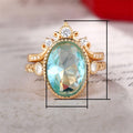 Gold Crown Ring Set With Aqua Blue Oval Zircon, Luxury European Style Women's Finger Rings view 5