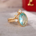 Gold Crown Ring Set With Aqua Blue Oval Zircon, Luxury European Style Women's Finger Rings view 4