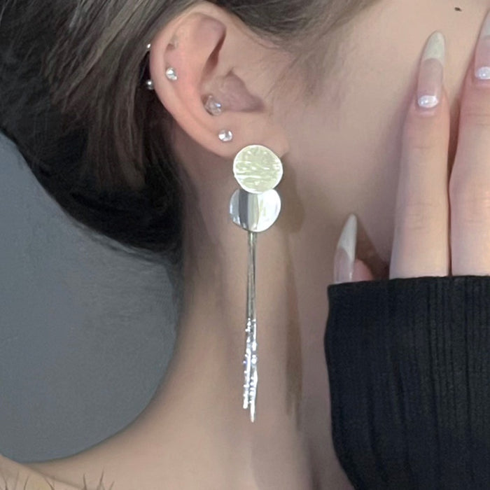 Geometric Metal Line Tassel Drop Earrings With Silver Needle Posts, Minimalist Sequin Design