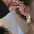 Geometric Metal Line Tassel Drop Earrings With Silver Needle Posts, Minimalist Sequin Design view 3