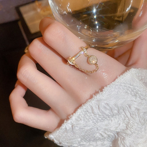 Light Luxury Copper Zircon Enamel Round Chain Tassel Open Index Finger Ring