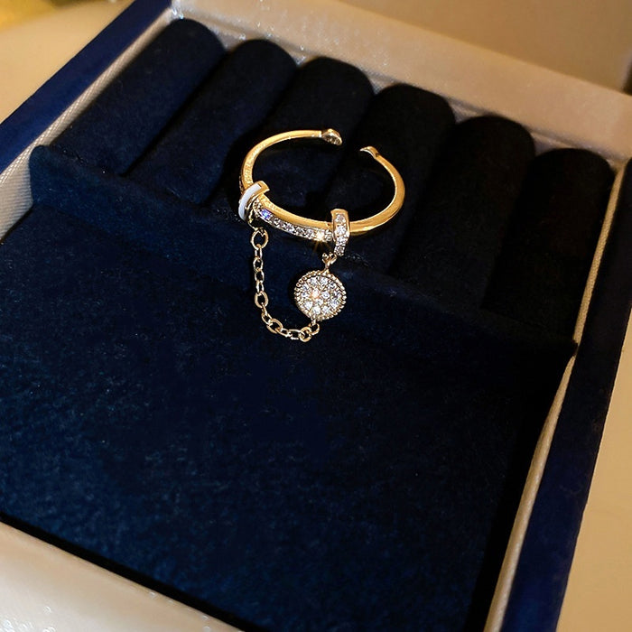 Light Luxury Copper Zircon Enamel Round Chain Tassel Open Index Finger Ring
