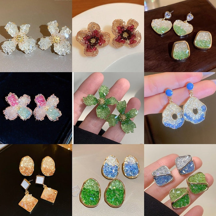 Korean Style Gradient Crystal Flower Stud Earrings Fresh Spring Forest Inspired Silver Needle Jewelry