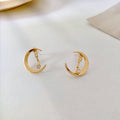 Copper Zircon Moon Stud Earrings With Silver Posts, Geometric Minimalist Two-Way Design view 2