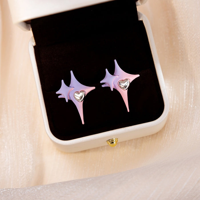 Elegant Pink Purple Gradient Four-Point Star Alloy Studs With Silver Heart Rhinestone Charm Earrings