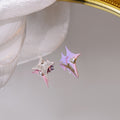 Elegant Pink Purple Gradient Four-Point Star Alloy Studs With Silver Heart Rhinestone Charm Earrings view 3