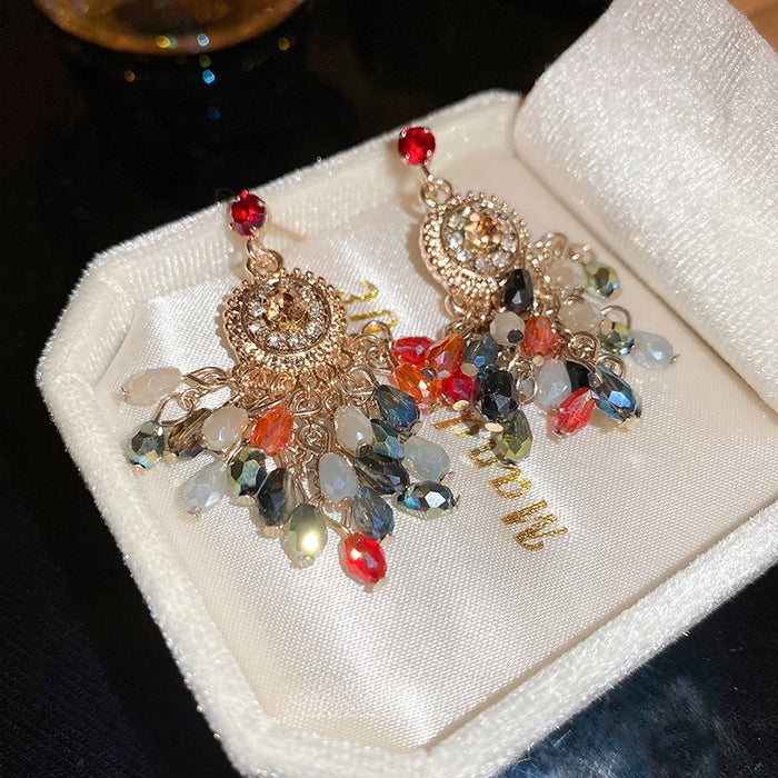 Crystal Flower Tassel Drop Earrings With Rhinestone Silver Needle Vintage Ethnic Style