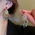 Crystal Flower Tassel Drop Earrings With Rhinestone Silver Needle Vintage Ethnic Style view 2