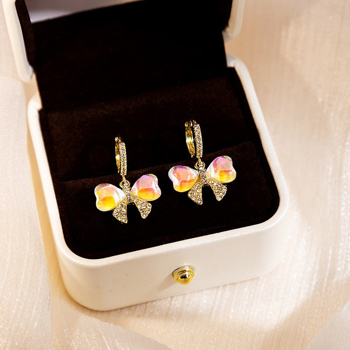Elegant Gold Alloy Huggie Hoops With Iridescent Heart Crystal Bow Zircon Rhinestone Drop Earrings