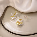 Elegant White Enamel Butterfly Flower Drop Studs Gold Alloy Silver Pin Two Way Luxury Women's Earrings view 4