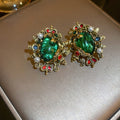 Palace Style Vintage Emerald Green Metal Crown Pearl Stud Earrings With Silver Pins view 1