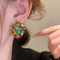 Palace Style Vintage Emerald Green Metal Crown Pearl Stud Earrings With Silver Pins view 2