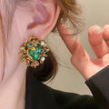 Palace Style Vintage Emerald Green Metal Crown Pearl Stud Earrings With Silver Pins view 4