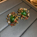 Palace Style Vintage Emerald Green Metal Crown Pearl Stud Earrings With Silver Pins view 3