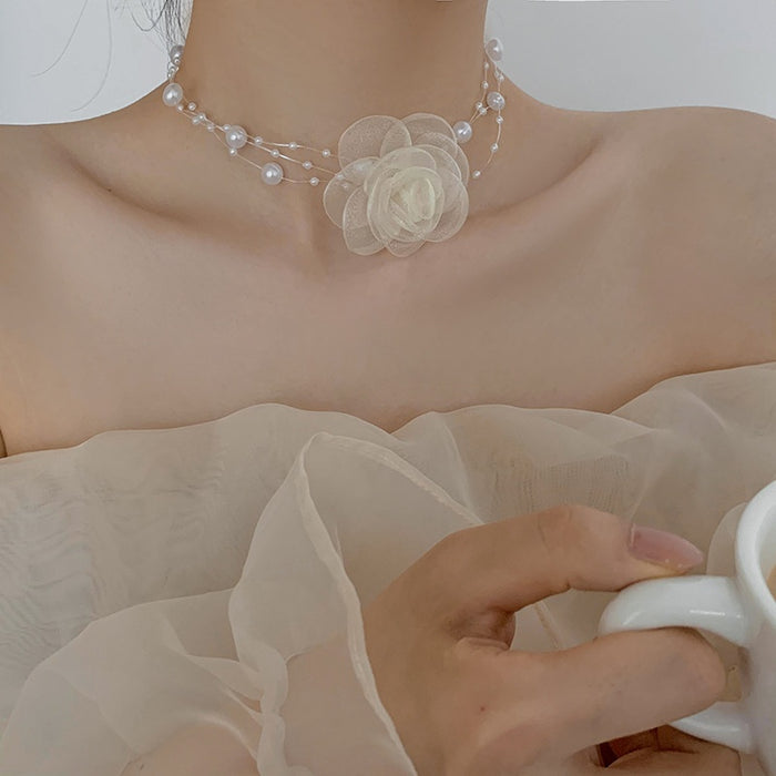 Ethereal Mesh Flower Faux Pearl Three Layer Necklace Fresh Floral Choker Jewelry